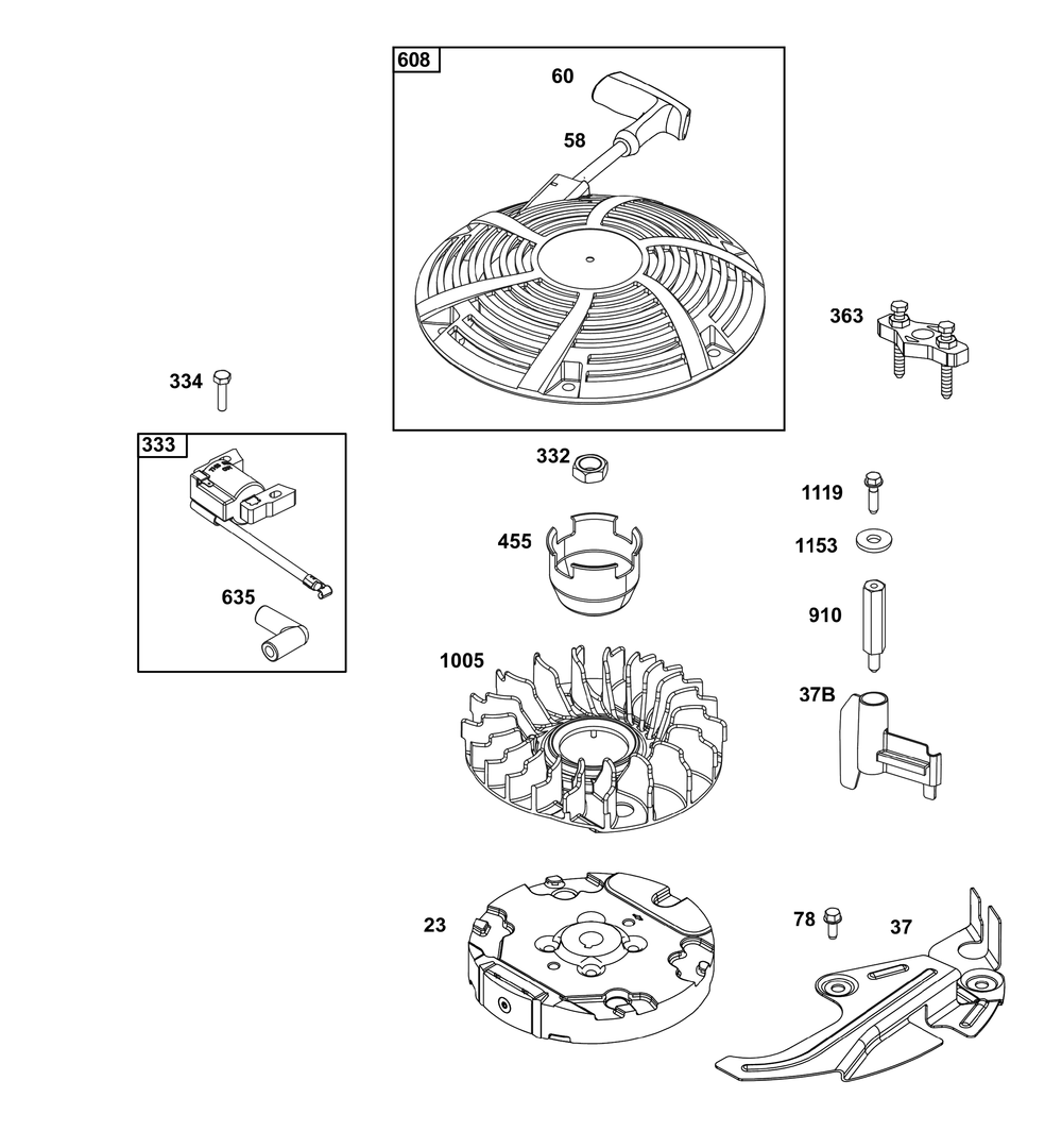 Flywheel, Ignition, And Starter Group Diagram and Parts List for 14D932-0236-F1 100000 - 19Z999 Briggs and Stratton Engine